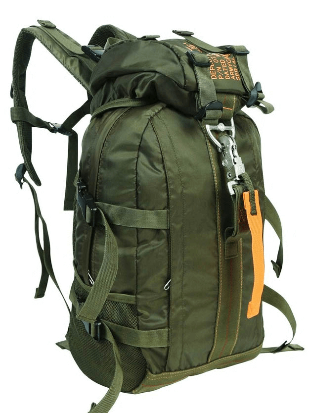 Durable nylon tactical rucksack with adjustable straps, ideal for hiking and camping adventures. Spacious and lightweight design.